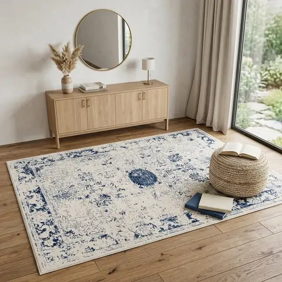 Navy Blue Distressed Floral Area Rug Photo 1