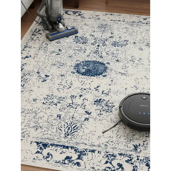 Navy Blue Distressed Floral Area Rug Photo 9