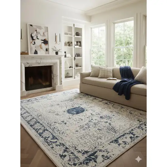 Navy Blue Distressed Floral Area Rug Photo 7