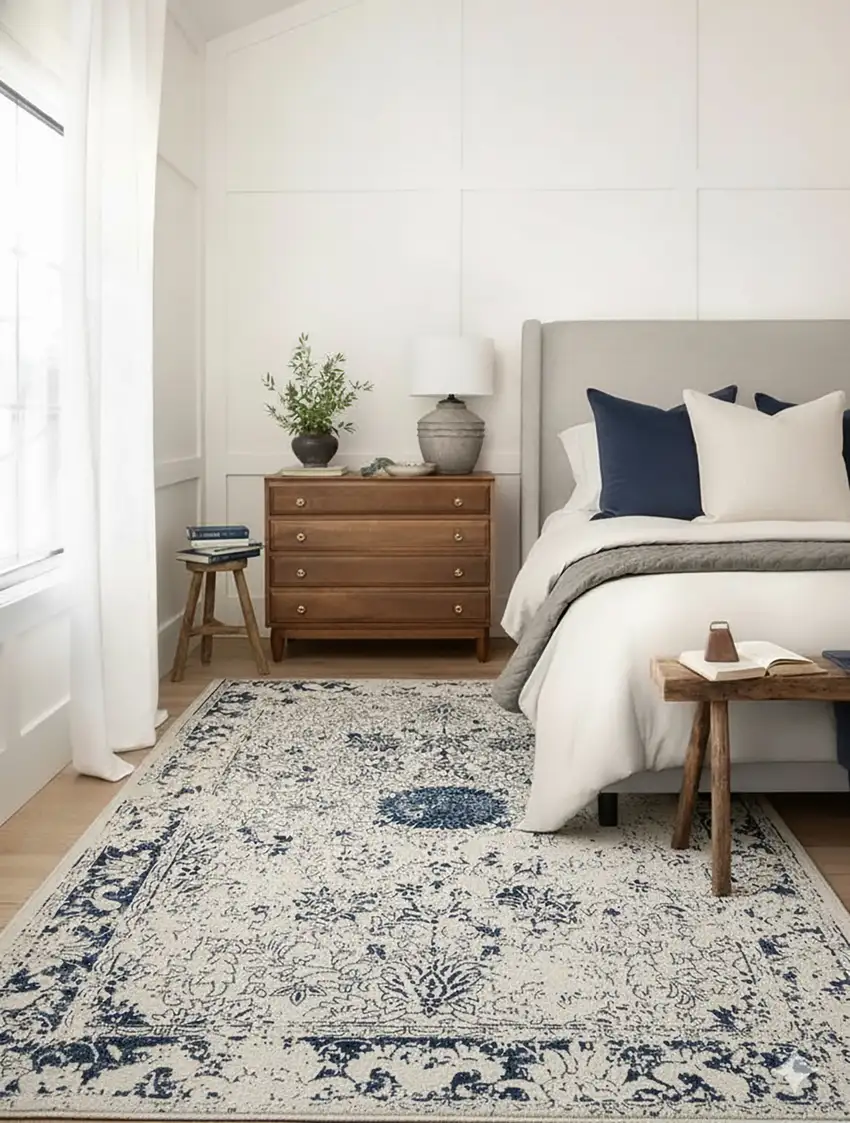 Navy Blue Distressed Floral Area Rug Photo 8