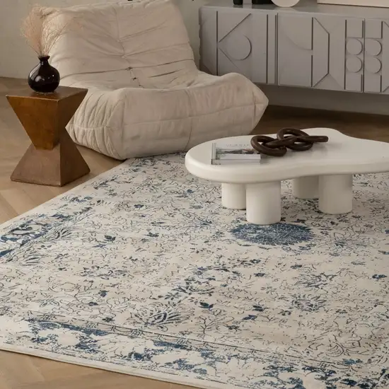 Navy Blue Distressed Floral Area Rug Photo 8