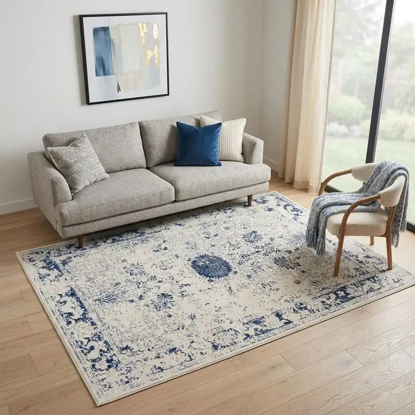 Navy Blue Distressed Floral Area Rug Photo 1