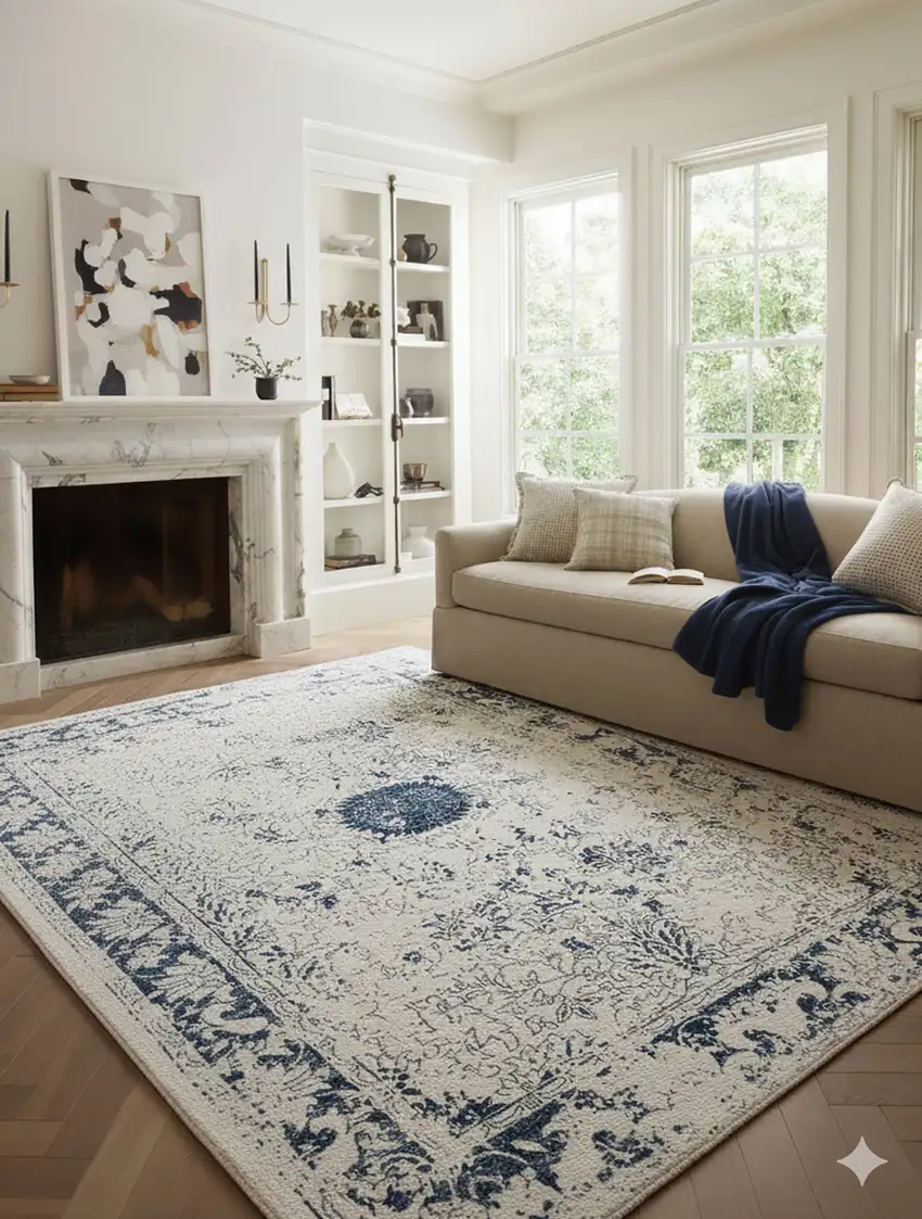 Navy Blue Distressed Floral Area Rug Photo 6
