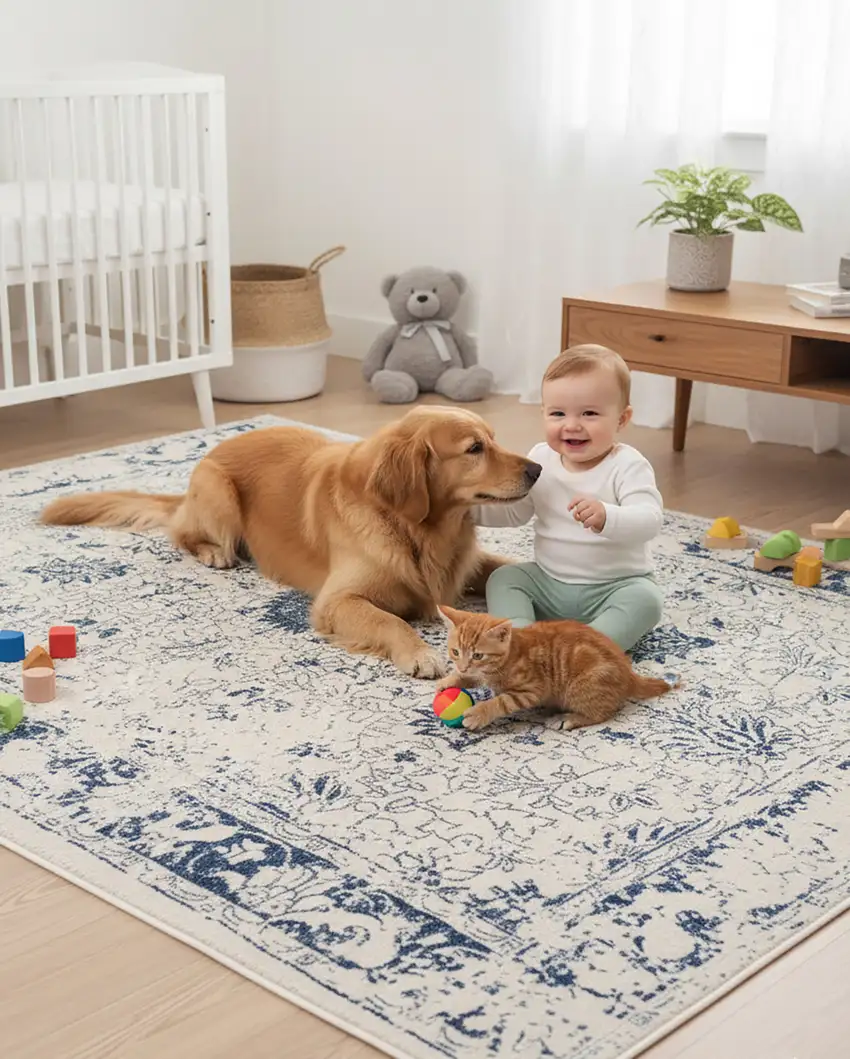 Navy Blue Distressed Floral Area Rug Photo 9