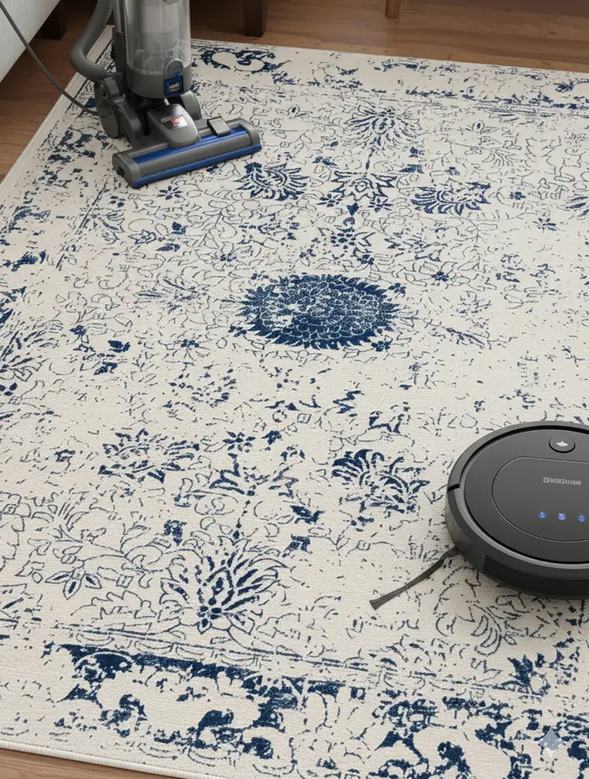 Navy Blue Distressed Floral Area Rug Photo 8