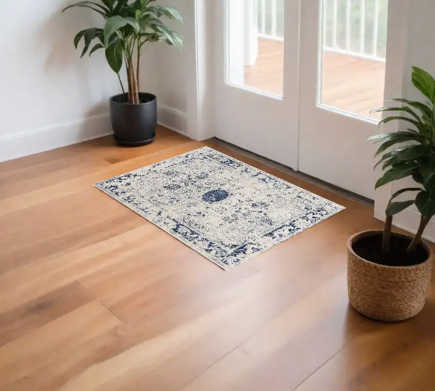 Navy Blue Distressed Floral Scatter Rug Photo 1
