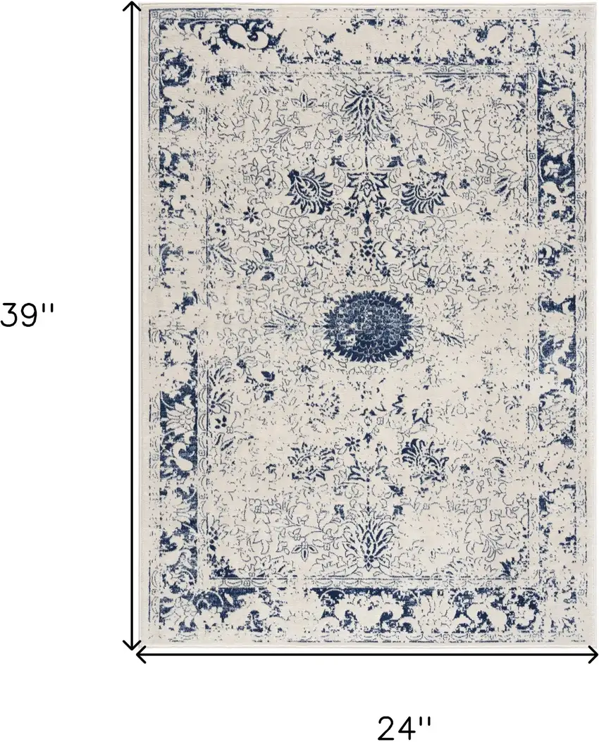 Navy Blue Distressed Floral Scatter Rug Photo 7