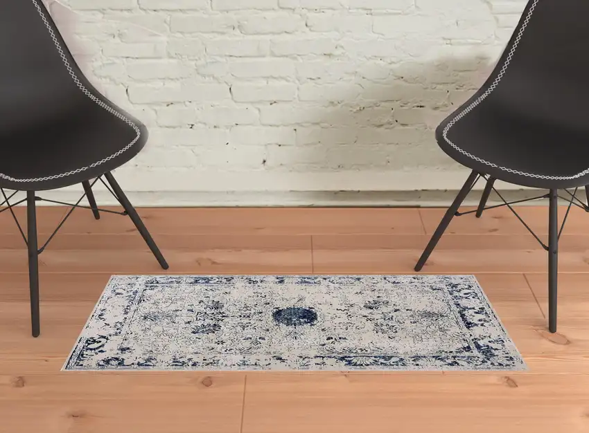 Navy Blue Distressed Floral Scatter Rug Photo 4