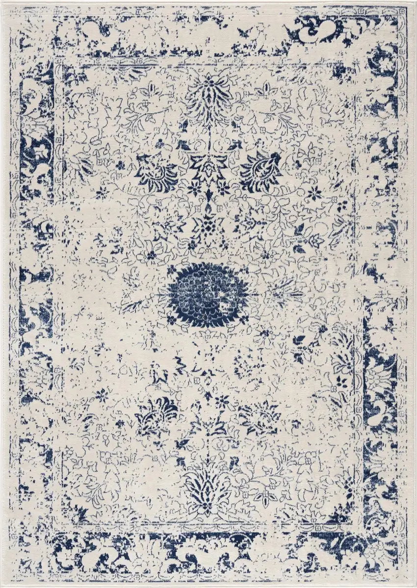 Navy Blue Distressed Floral Scatter Rug Photo 4
