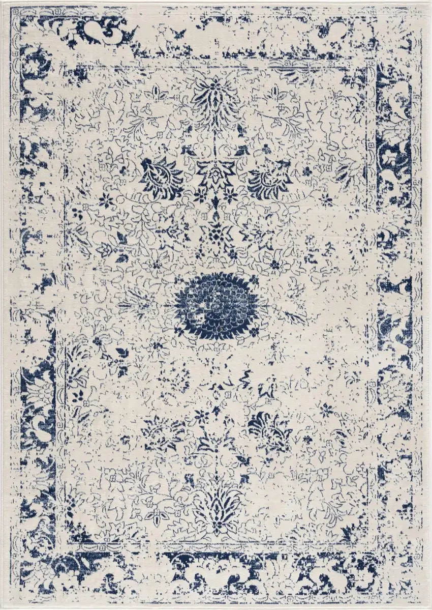 Navy Blue Distressed Floral Scatter Rug Photo 6