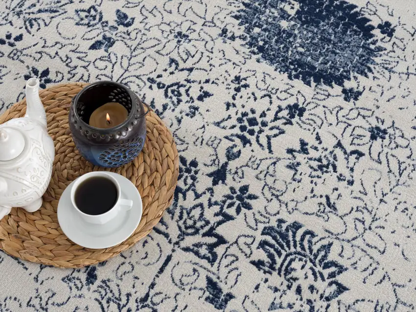 Navy Blue Distressed Floral Scatter Rug Photo 7