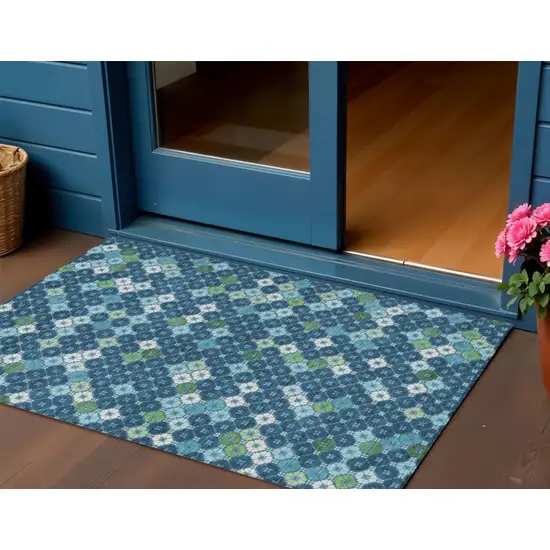 Navy Blue Fern Green And Ivory Geometric Washable Indoor Outdoor Area Rug Photo 2