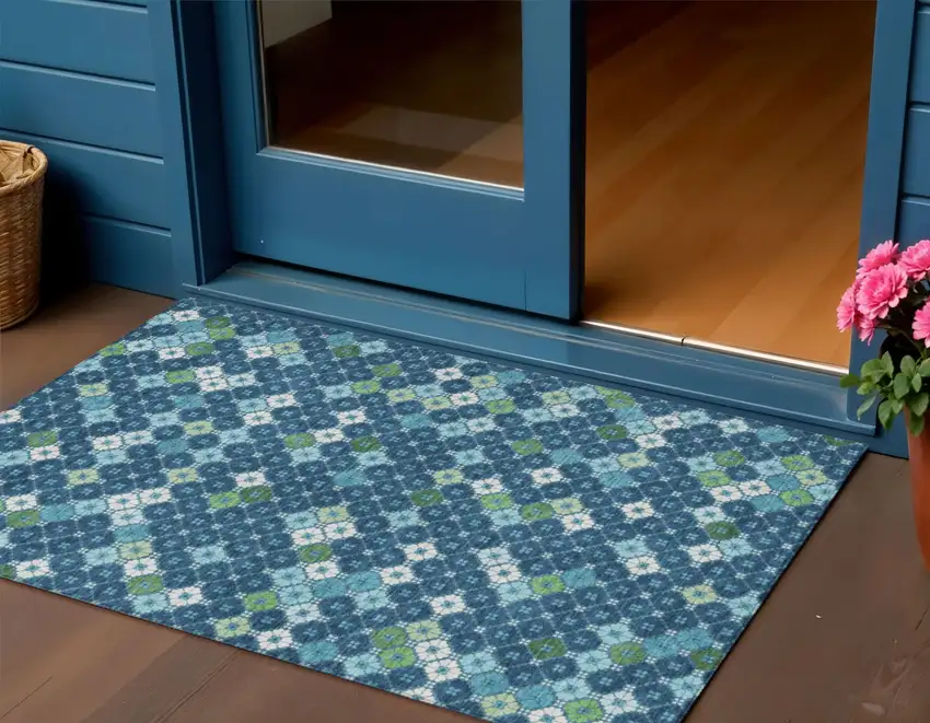 Navy Blue Fern Green And Ivory Geometric Washable Indoor Outdoor Area Rug Photo 2