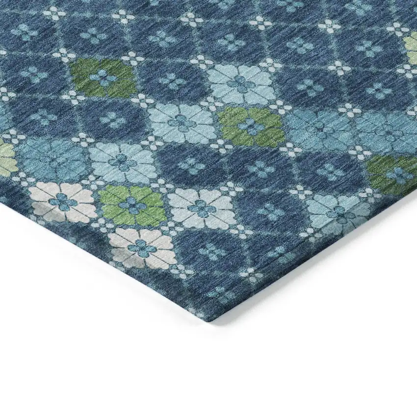 Navy Blue Fern Green And Ivory Geometric Washable Indoor Outdoor Area Rug Photo 9