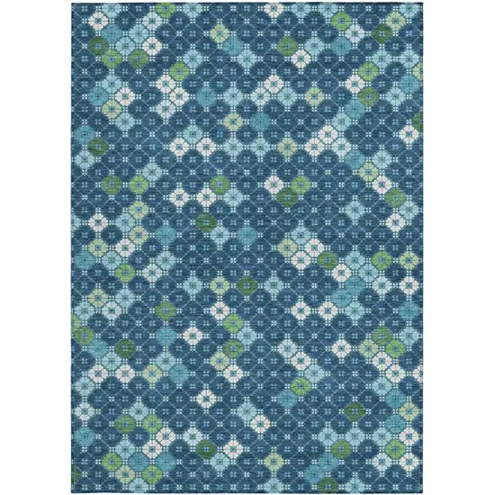 Navy Blue Fern Green And Ivory Geometric Washable Indoor Outdoor Area Rug Photo 3