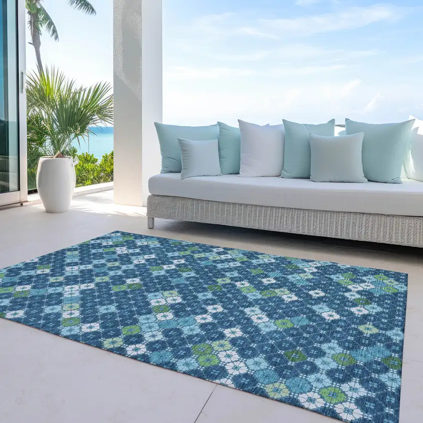 Navy Blue Fern Green And Ivory Geometric Washable Indoor Outdoor Area Rug Photo 5