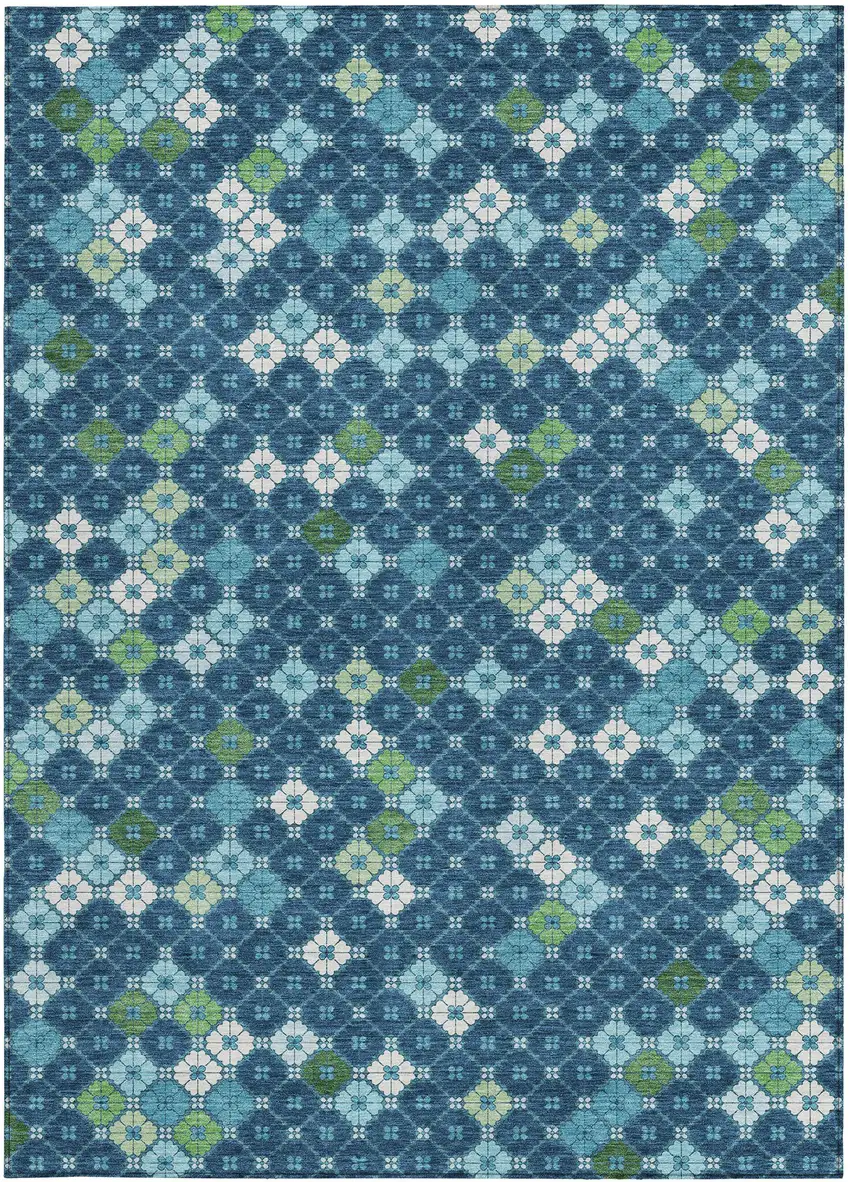Navy Blue Fern Green And Ivory Geometric Washable Indoor Outdoor Area Rug Photo 3