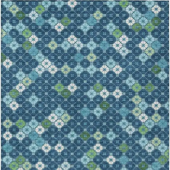 Navy Blue Fern Green And Ivory Geometric Washable Indoor Outdoor Area Rug Photo 4
