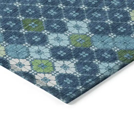 Navy Blue Fern Green And Ivory Geometric Washable Indoor Outdoor Area Rug Photo 9