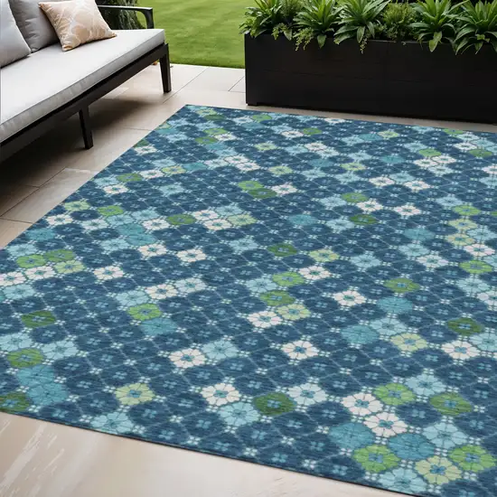 Navy Blue Fern Green And Ivory Geometric Washable Indoor Outdoor Area Rug Photo 2