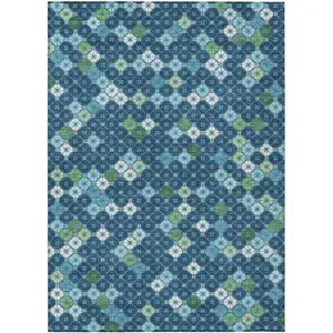 Photo of Navy Blue Fern Green And Ivory Geometric Washable Indoor Outdoor Area Rug