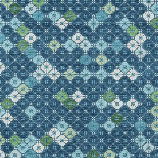 Navy Blue Fern Green And Ivory Geometric Washable Indoor Outdoor Area Rug Photo 3