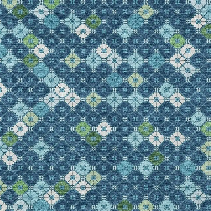Navy Blue Fern Green And Ivory Geometric Washable Indoor Outdoor Area Rug Photo 3