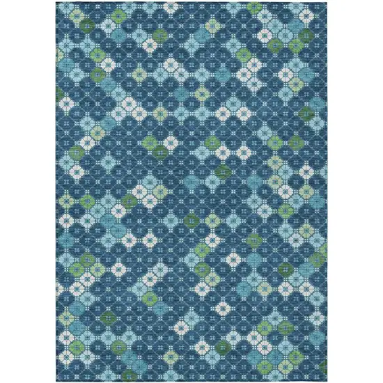 Navy Blue Fern Green And Ivory Geometric Washable Indoor Outdoor Area Rug Photo 1
