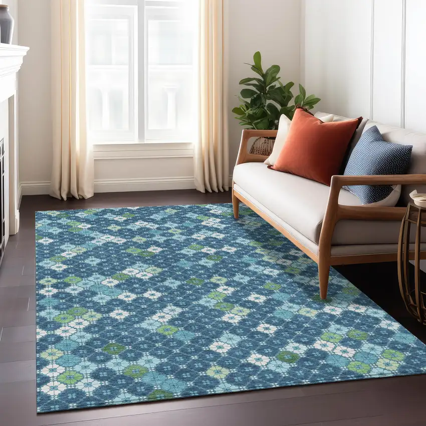 Navy Blue Fern Green And Ivory Geometric Washable Indoor Outdoor Area Rug Photo 7