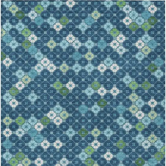Navy Blue Fern Green And Ivory Geometric Washable Indoor Outdoor Area Rug Photo 9