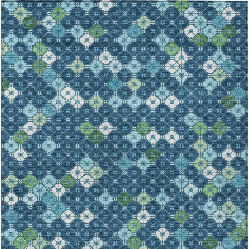Navy Blue Fern Green And Ivory Geometric Washable Indoor Outdoor Area Rug Photo 9