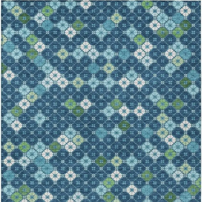 Navy Blue Fern Green And Ivory Geometric Washable Indoor Outdoor Area Rug Photo 3