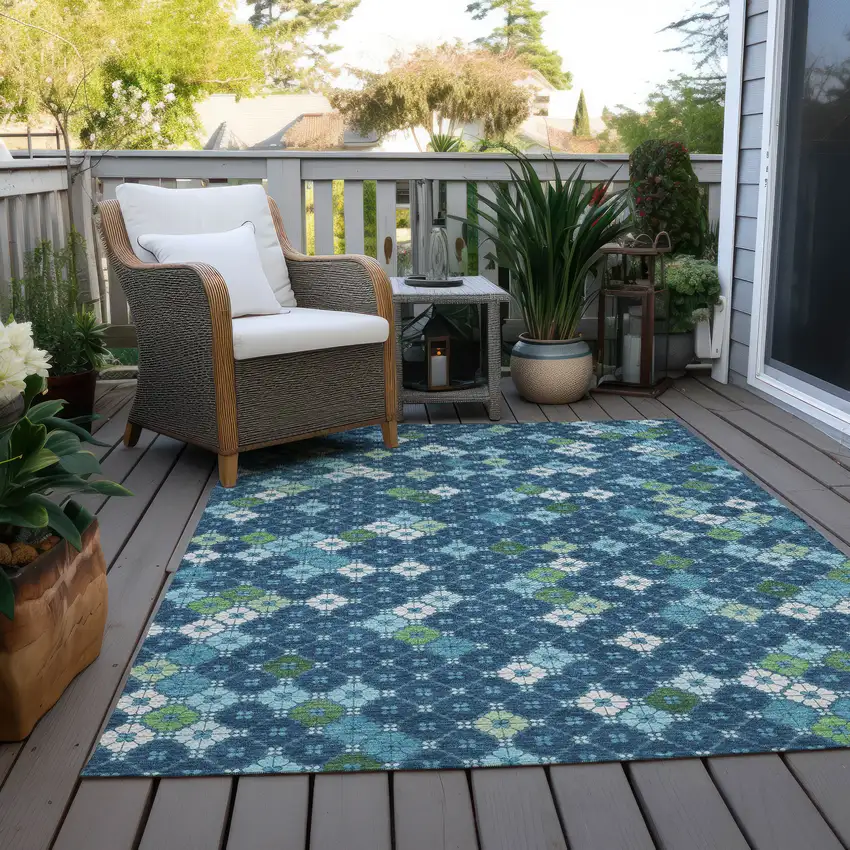 Navy Blue Fern Green And Ivory Geometric Washable Indoor Outdoor Area Rug Photo 8
