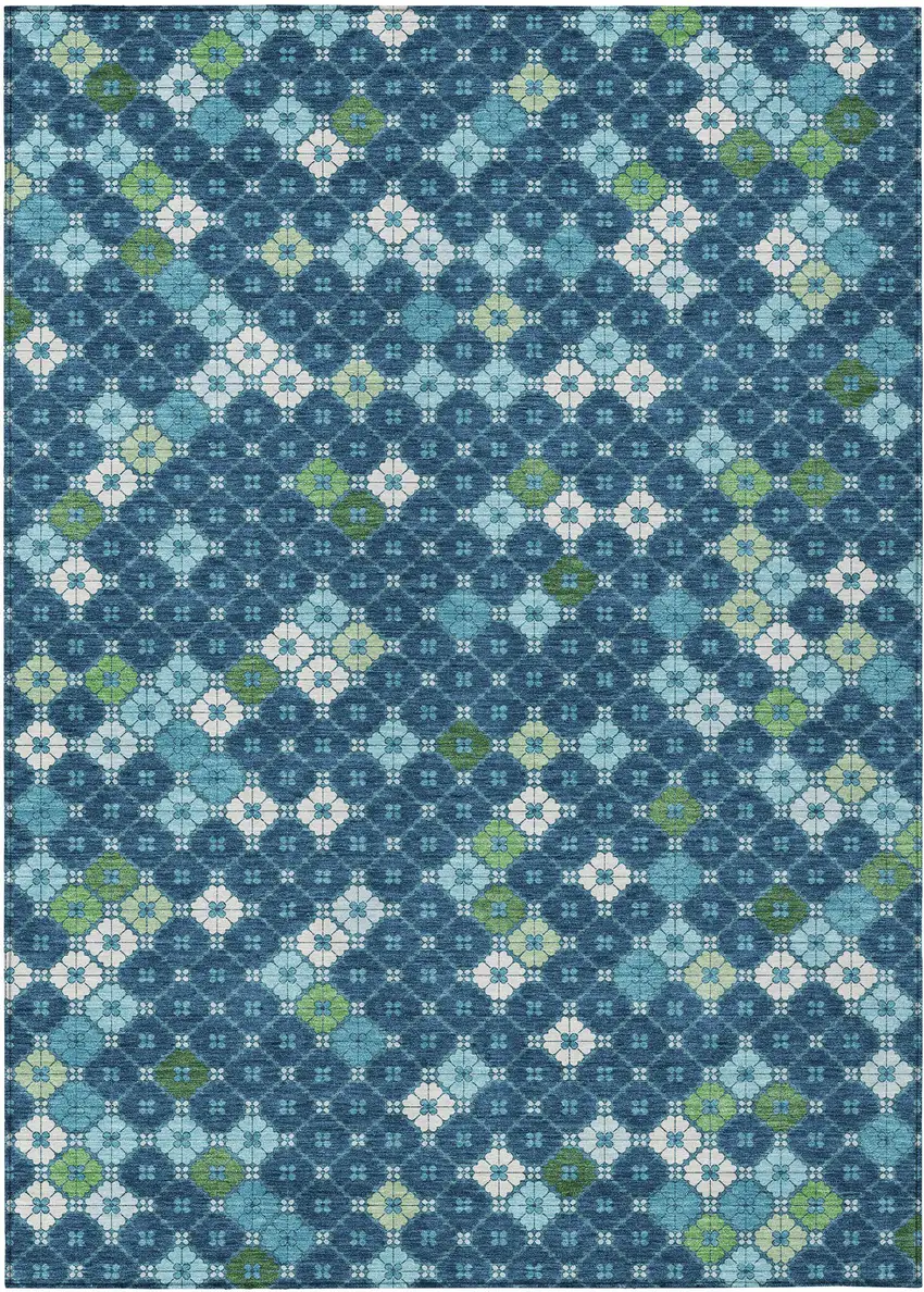 Navy Blue Fern Green And Ivory Geometric Washable Indoor Outdoor Area Rug Photo 1