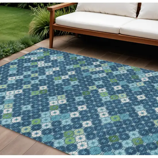 Navy Blue Fern Green And Ivory Geometric Washable Indoor Outdoor Area Rug Photo 2