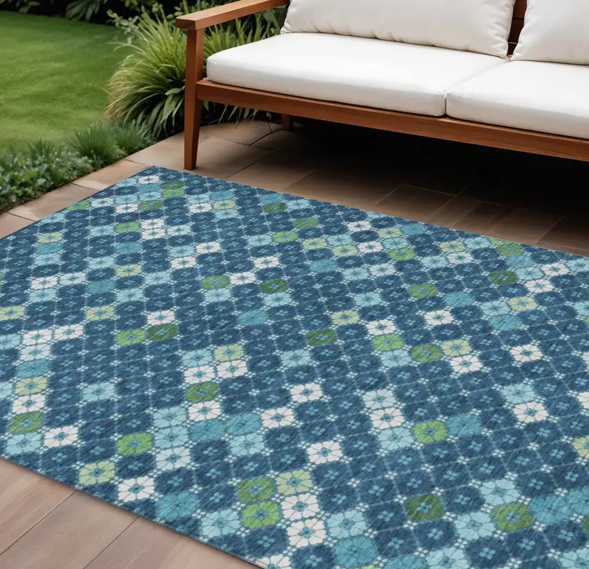 Navy Blue Fern Green And Ivory Geometric Washable Indoor Outdoor Area Rug Photo 2