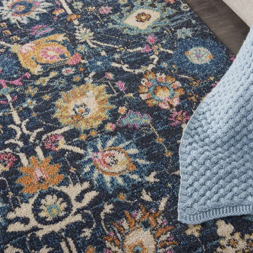 Navy Blue Yellow And Pink Floral Area Rug Photo 8