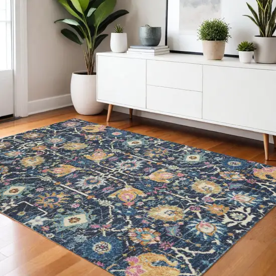 Navy Blue Yellow And Pink Floral Area Rug Photo 1