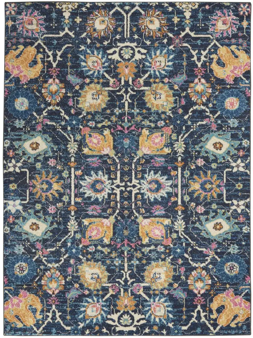 Navy Blue Yellow And Pink Floral Area Rug Photo 9