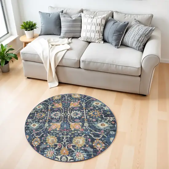 4' Navy Blue Yellow And Pink Floral Round Rug Photo 2