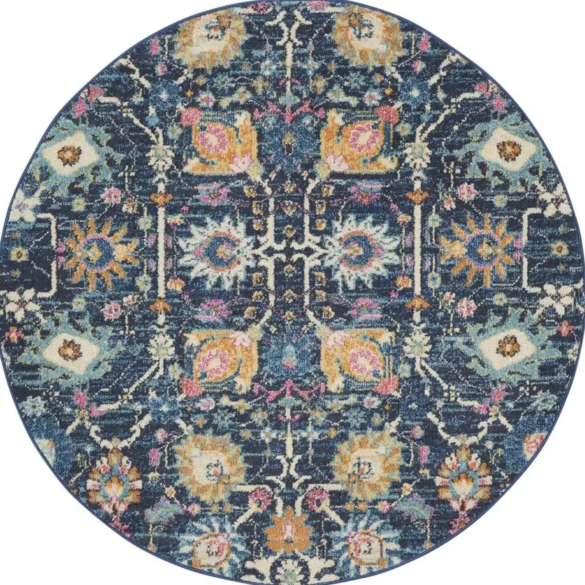 4' Navy Blue Yellow And Pink Floral Round Rug Photo 8