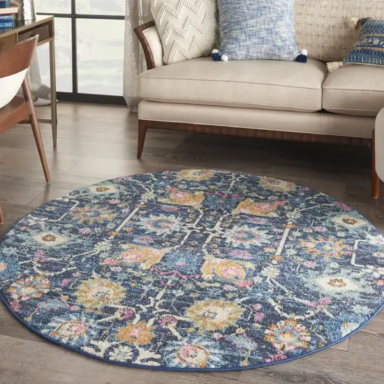 4' Navy Blue Yellow And Pink Floral Round Rug Photo 9