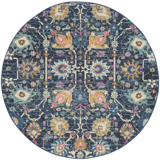 4' Navy Blue Yellow And Pink Floral Round Rug Photo 4