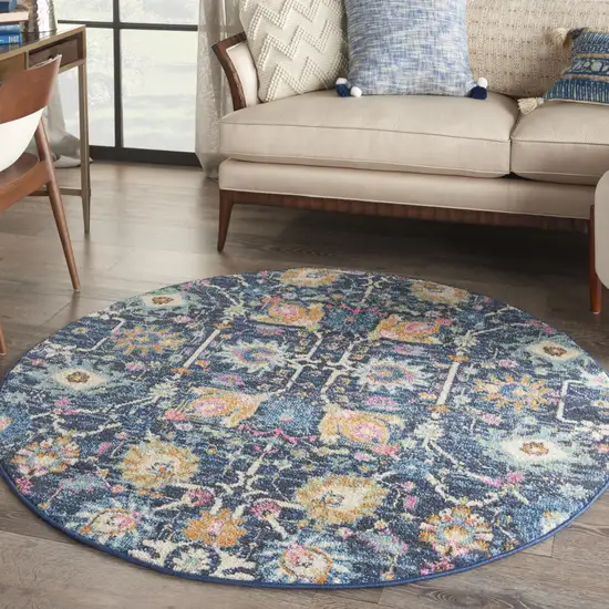 4' Navy Blue Yellow And Pink Floral Round Rug Photo 5