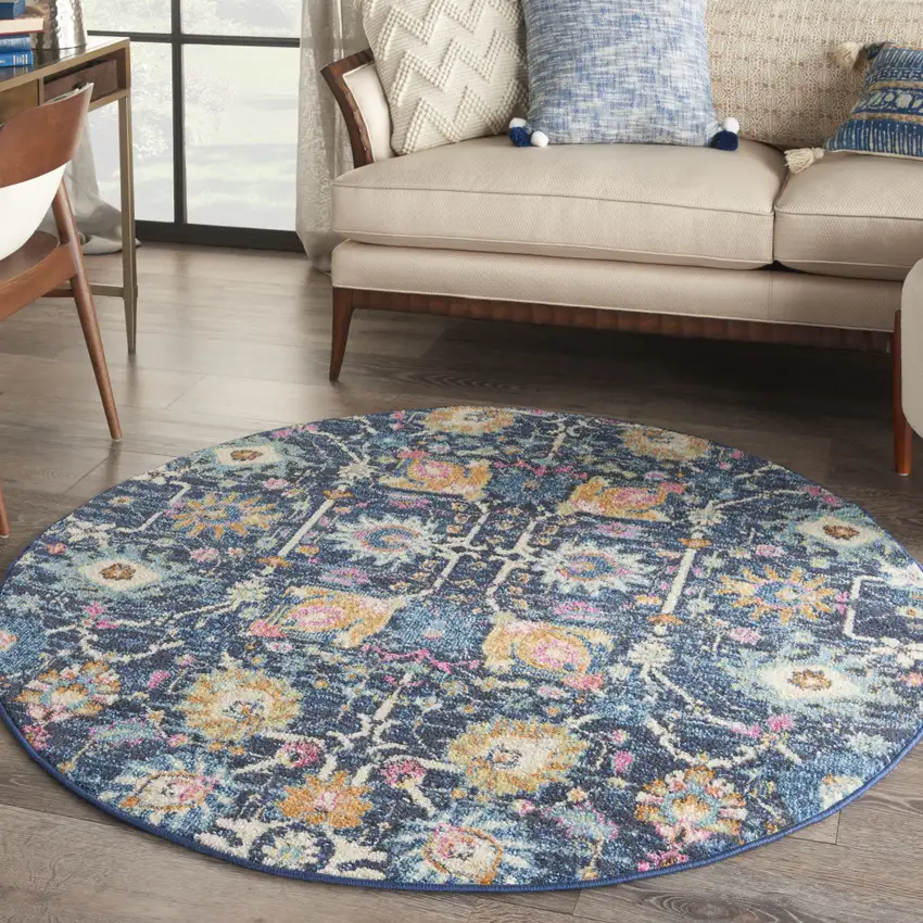 4' Navy Blue Yellow And Pink Floral Round Rug Photo 5