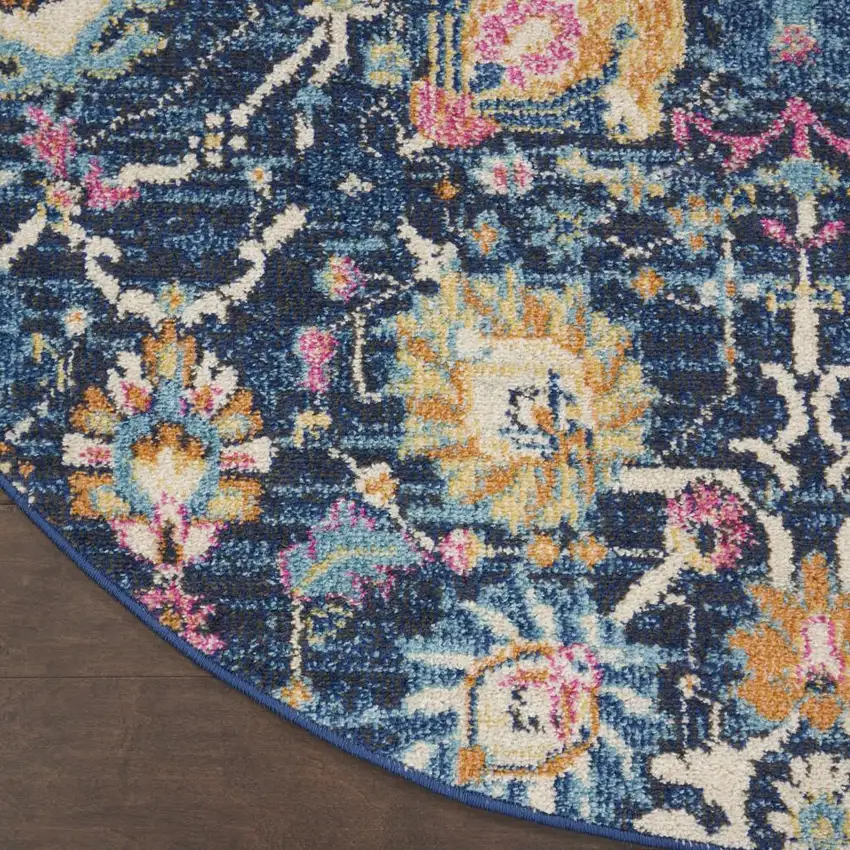 4' Navy Blue Yellow And Pink Floral Round Rug Photo 9