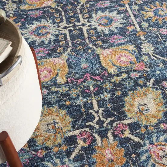 4' Navy Blue Yellow And Pink Floral Round Rug Photo 5