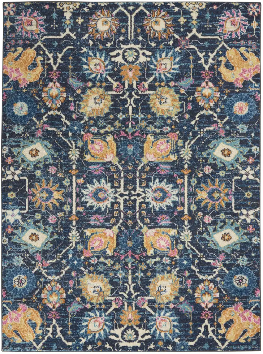 Navy Blue Yellow And Pink Floral Area Rug Photo 1