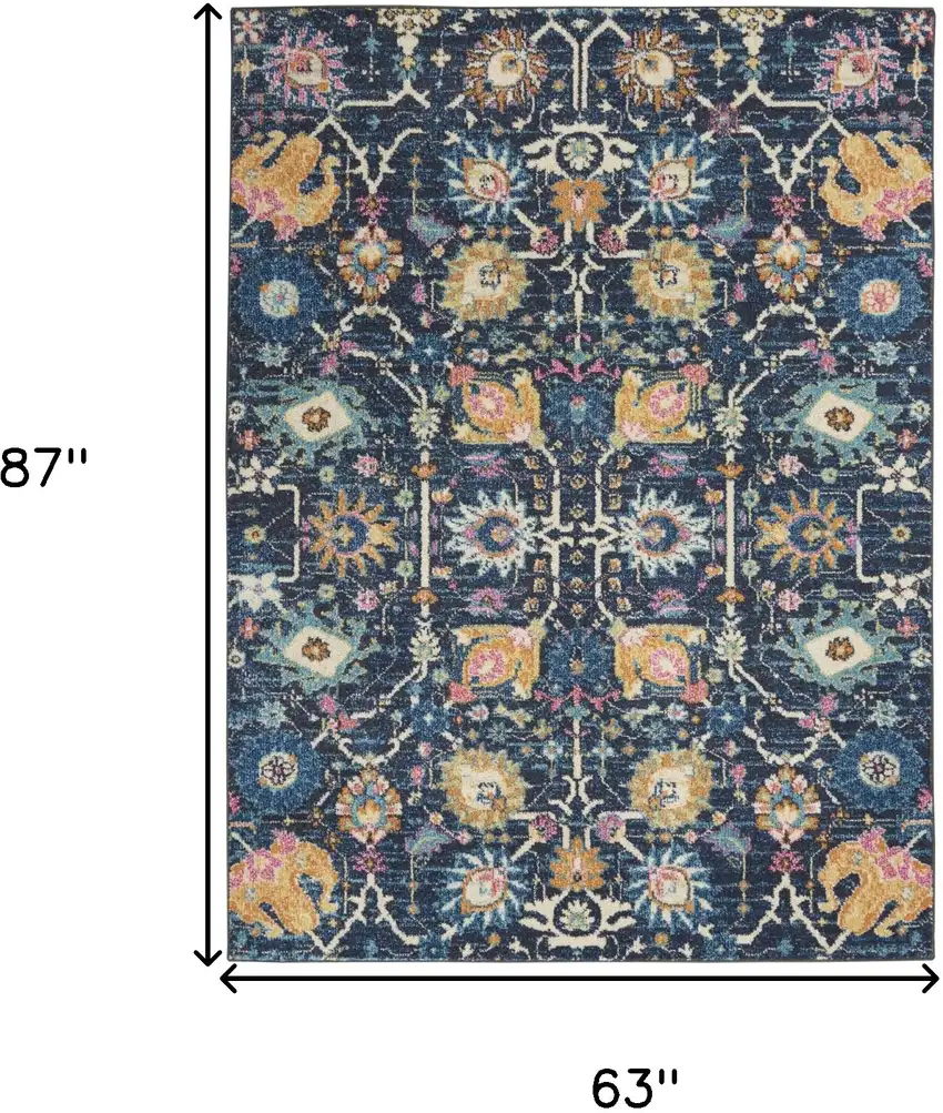 Navy Blue Yellow And Pink Floral Area Rug Photo 9
