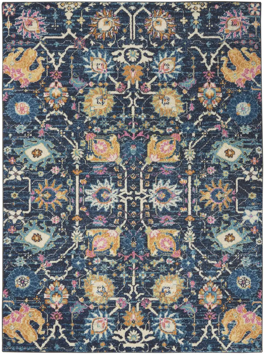 Navy Blue Yellow And Pink Floral Area Rug Photo 7